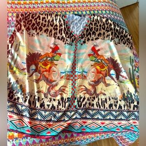 Xl loose fitting satiny blouse with cowboys and leopard